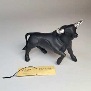 NADAL Black Bull Figurine Silver-tone Horns 2012 Valiente Spain 5" x 3.75" Resin
